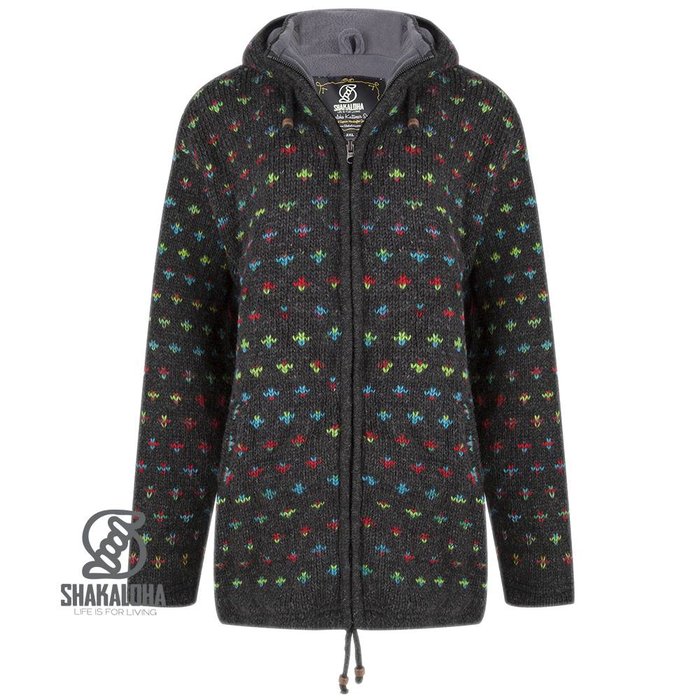 Shakaloha Shakaloha Gebreid Wollen Vest Flake Antraciet Multicolor met Fleece Voering en Capuchon met Binnenkraag - Dames - Handgemaakt in Nepal van Schapenwol