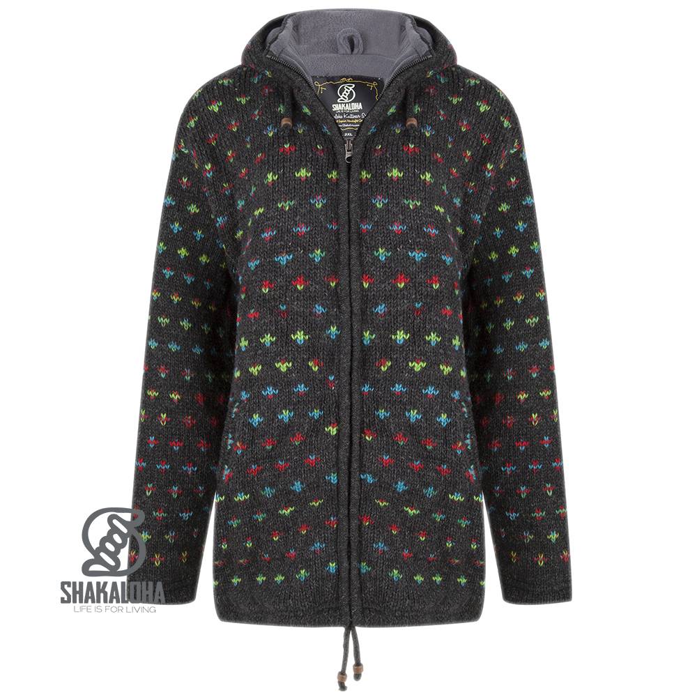 Shakaloha Shakaloha Gestrickte Wollweste Flake Anthrazit Multicolor mit Fleecefutter und Kapuze mit Innenkragen – Damen – Handgefertigt in Nepal aus Schafwolle