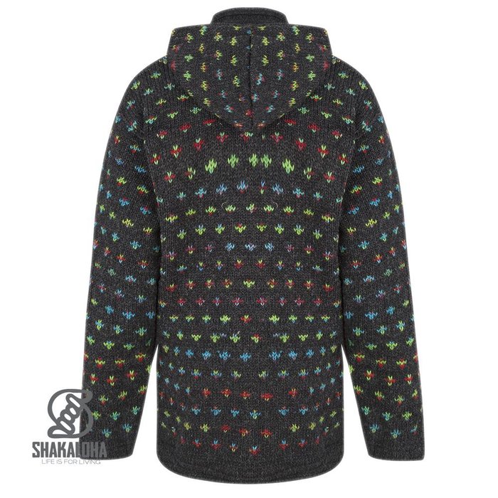 Shakaloha Shakaloha Gestrickte Wollweste Flake Anthrazit Multicolor mit Fleecefutter und Kapuze mit Innenkragen – Damen – Handgefertigt in Nepal aus Schafwolle