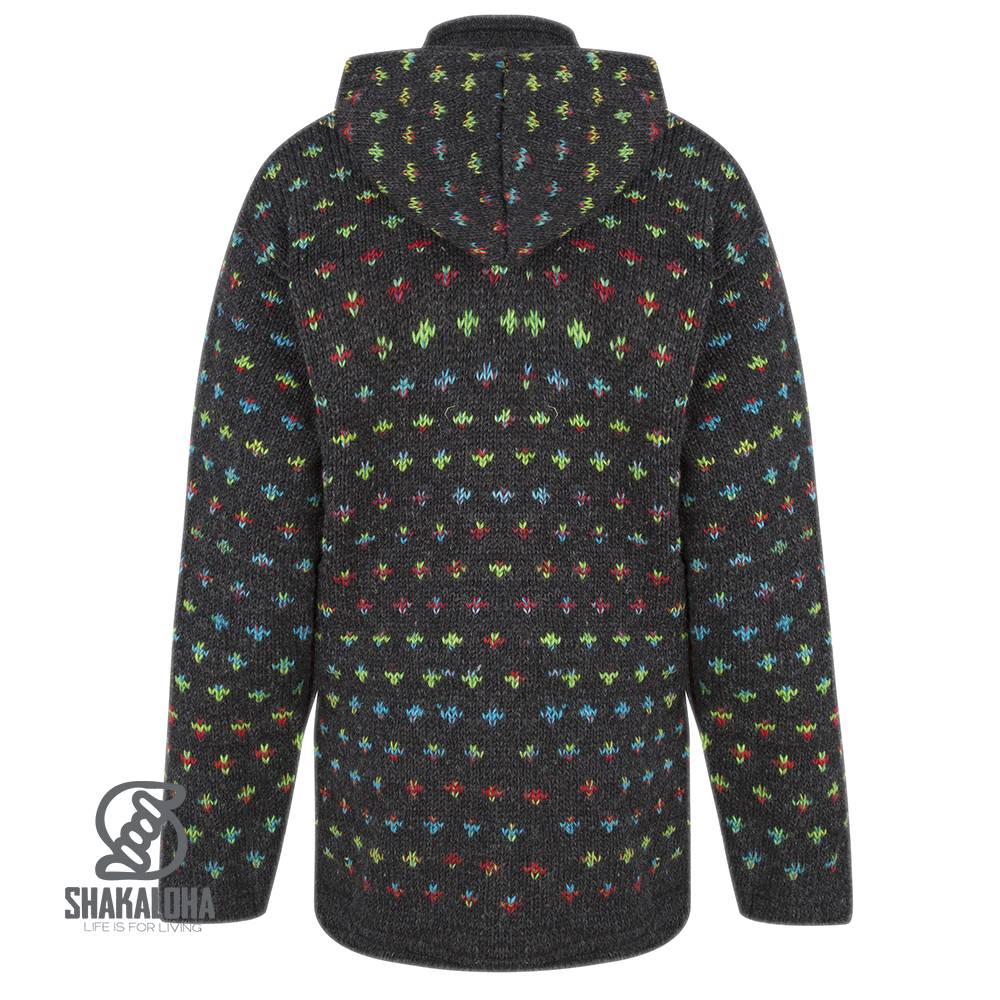 Shakaloha Shakaloha Gestrickte Wollweste Flake Anthrazit Multicolor mit Fleecefutter und Kapuze mit Innenkragen – Damen – Handgefertigt in Nepal aus Schafwolle