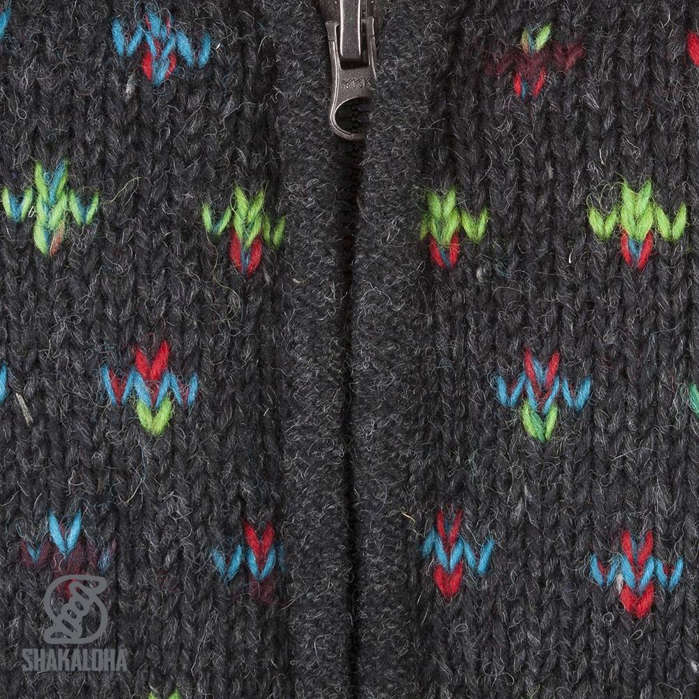 Shakaloha Shakaloha Gestrickte Wollweste Flake Anthrazit Multicolor mit Fleecefutter und Kapuze mit Innenkragen – Damen – Handgefertigt in Nepal aus Schafwolle