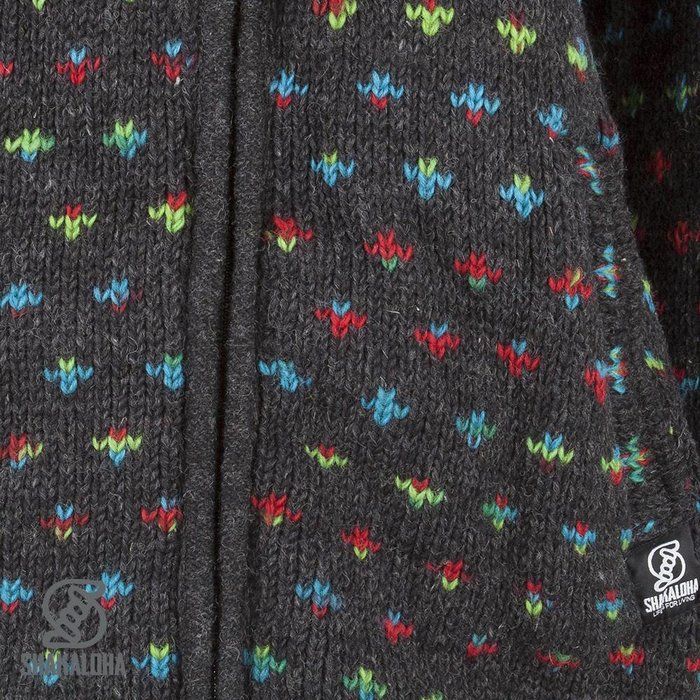 Shakaloha Shakaloha Gestrickte Wollweste Flake Anthrazit Multicolor mit Fleecefutter und Kapuze mit Innenkragen – Damen – Handgefertigt in Nepal aus Schafwolle