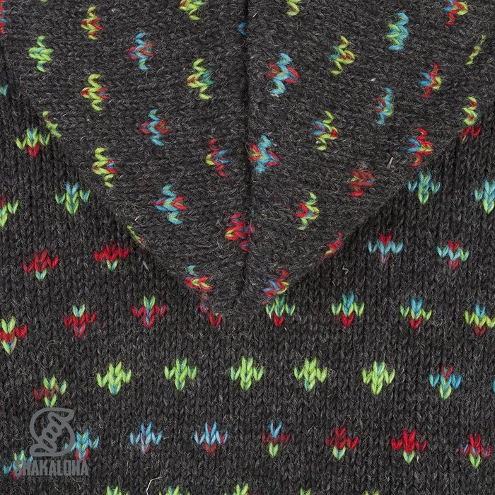 Shakaloha Shakaloha Gestrickte Wollweste Flake Anthrazit Multicolor mit Fleecefutter und Kapuze mit Innenkragen – Damen – Handgefertigt in Nepal aus Schafwolle
