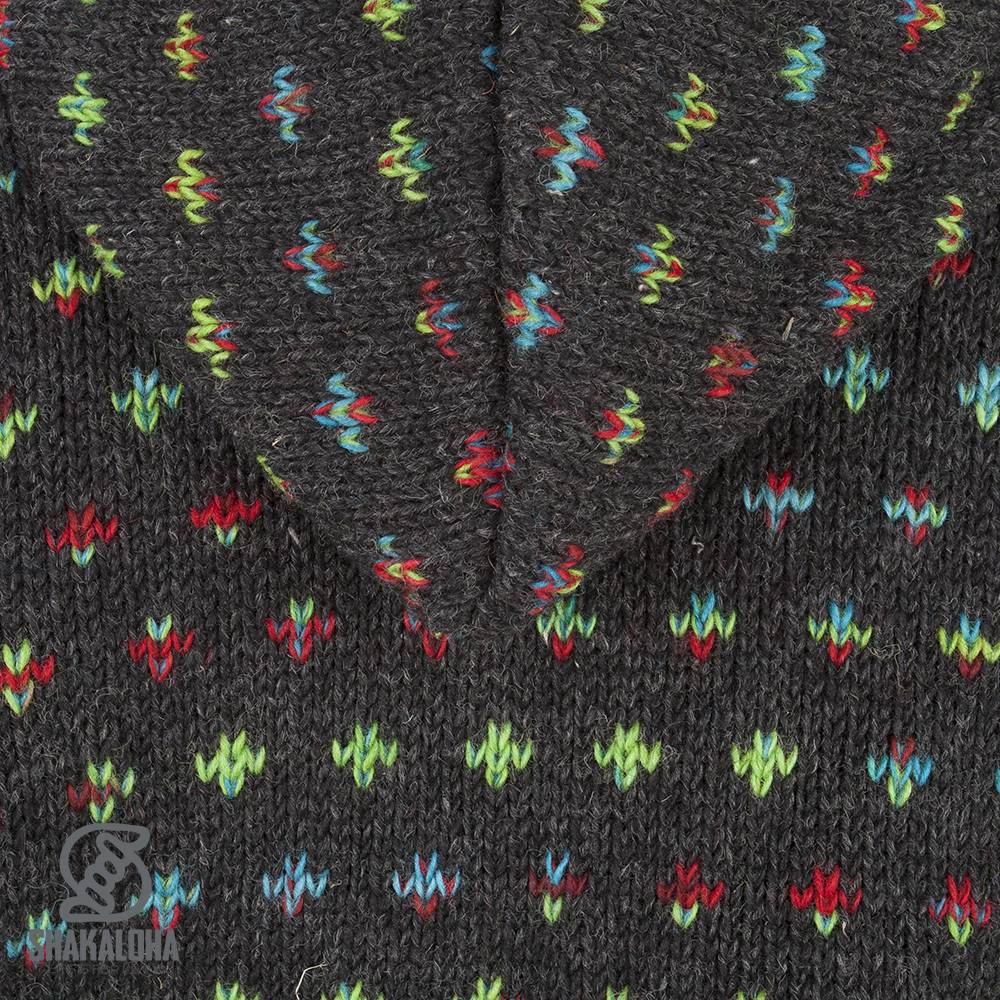 Shakaloha Shakaloha Gestrickte Wollweste Flake Anthrazit Multicolor mit Fleecefutter und Kapuze mit Innenkragen – Damen – Handgefertigt in Nepal aus Schafwolle