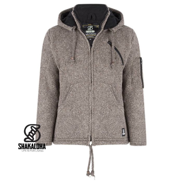 Shakaloha Chaleco de punto de lana Shakaloha con capucha y cremallera en marrón claro, forro polar y capucha desmontable - Hombre/Unisex - Hecho a mano en Nepal con lana de oveja