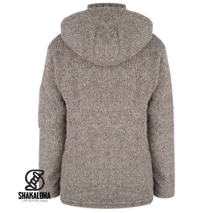 Shakaloha Shakaloha Veste en Laine Tricoté Crush Ziphood Taupe marron clair avec Doublure en polaire et Capuche détachable - Hommes - Uni - Fabriqué à la main au Népal en laine de mouton