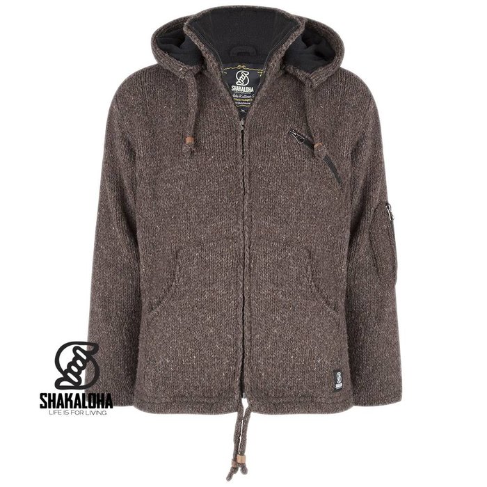 Shakaloha Chaleco de punto de lana Shakaloha con capucha y cremallera, color marrón oscuro, forro polar y capucha desmontable - Hombre/Unisex - Hecho a mano en Nepal con lana de oveja