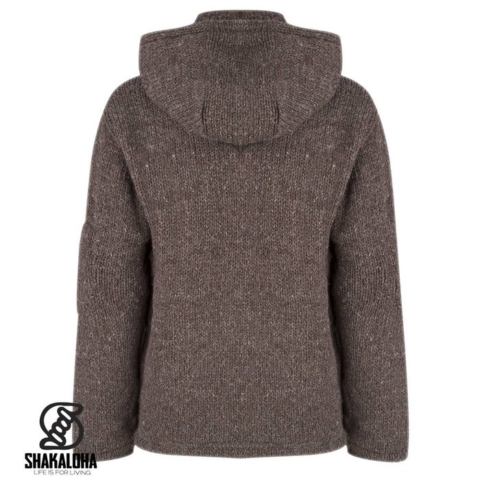 Shakaloha Chaleco de punto de lana Shakaloha con capucha y cremallera, color marrón oscuro, forro polar y capucha desmontable - Hombre/Unisex - Hecho a mano en Nepal con lana de oveja