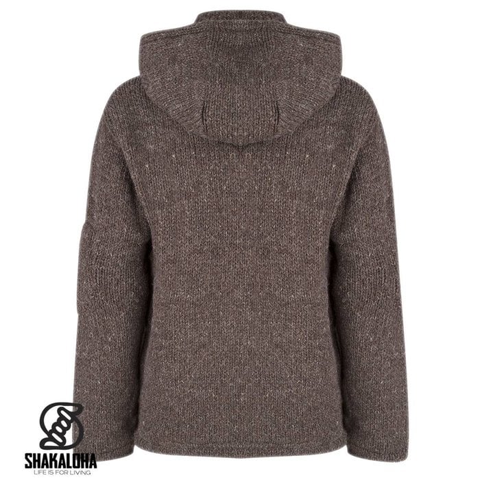 Shakaloha Shakaloha Veste en Laine Tricoté Crush Ziphood Marron foncé avec Doublure en polaire et Capuche détachable - Hommes - Uni - Fabriqué à la main au Népal en laine de mouton