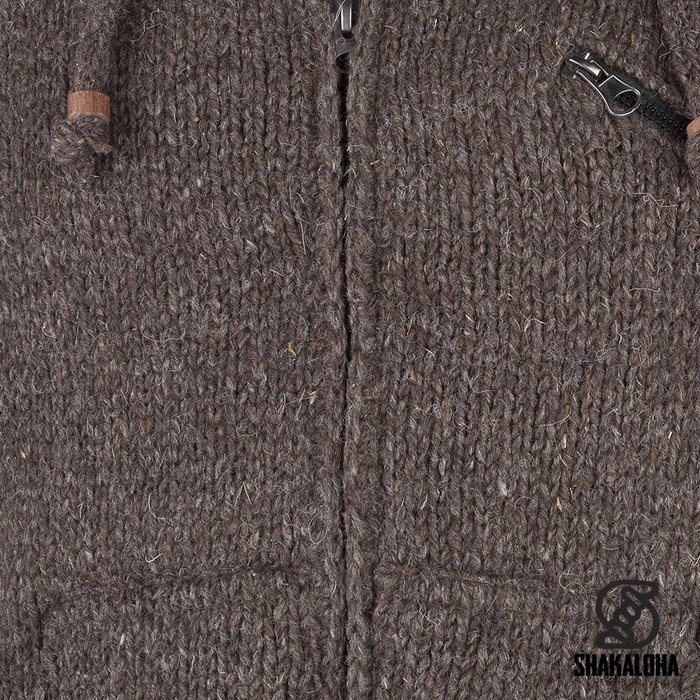 Shakaloha Chaleco de punto de lana Shakaloha con capucha y cremallera, color marrón oscuro, forro polar y capucha desmontable - Hombre/Unisex - Hecho a mano en Nepal con lana de oveja