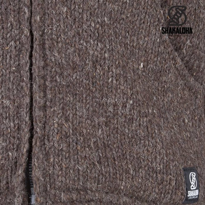 Shakaloha Chaleco de punto de lana Shakaloha con capucha y cremallera, color marrón oscuro, forro polar y capucha desmontable - Hombre/Unisex - Hecho a mano en Nepal con lana de oveja