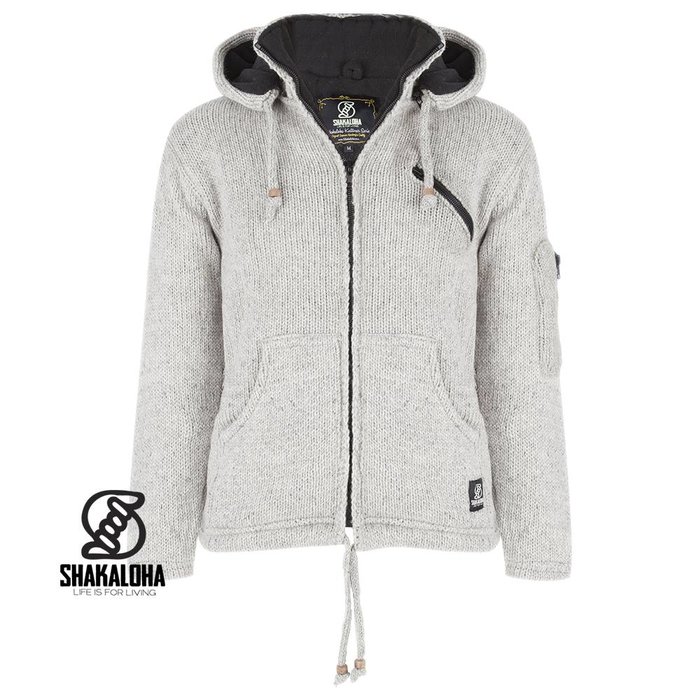 Shakaloha Shakaloha Knitted Woolen Jacket Crush Ziphood Gray with Fleece Lining and Detachable Hood - Men - Unisex - Handmade in Nepal from sheep's wool