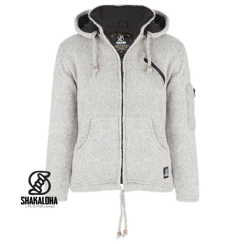 Shakaloha Shakaloha Strick-Wollweste Crush Ziphood Grau mit Fleecefutter und abnehmbarer Kapuze – Herren/Uni – Handgefertigt in Nepal aus Schafwolle