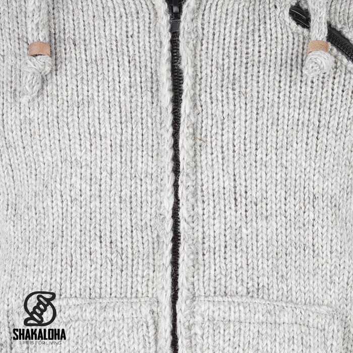 Shakaloha Shakaloha Knitted Woolen Jacket Crush Ziphood Gray with Fleece Lining and Detachable Hood - Men - Unisex - Handmade in Nepal from sheep's wool