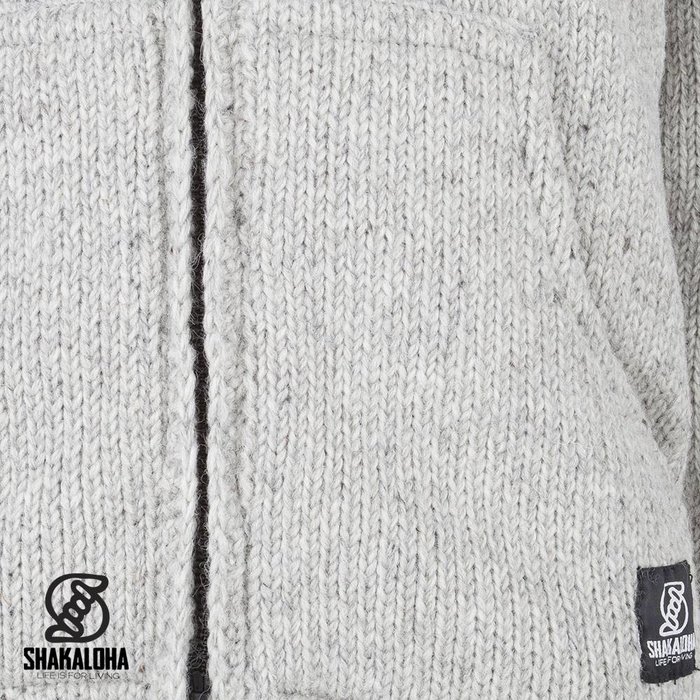 Shakaloha Chaleco de punto de lana Shakaloha, gris, con capucha desmontable y forro polar - Hombre/Unisex - Hecho a mano en Nepal con lana de oveja