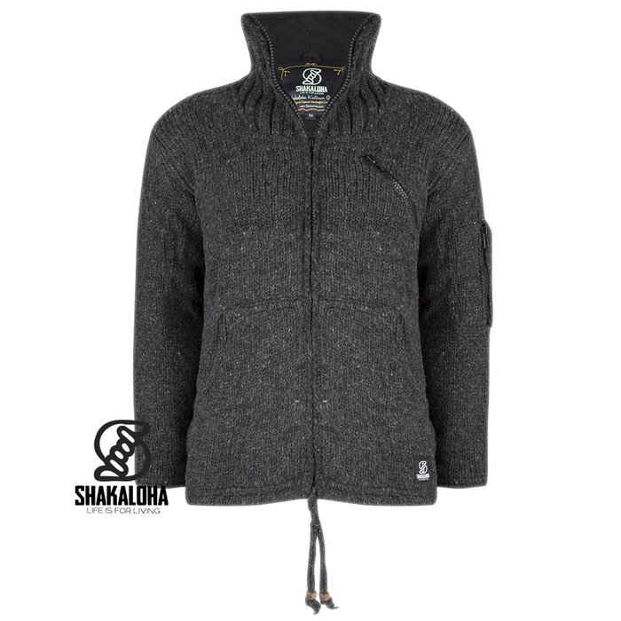 Shakaloha Shakaloha Knitted Woolen Jacket Crush Collar Anthracite with Fleece Lining and High Collar - Men - Unisex - Handmade in Nepal from sheep's wool