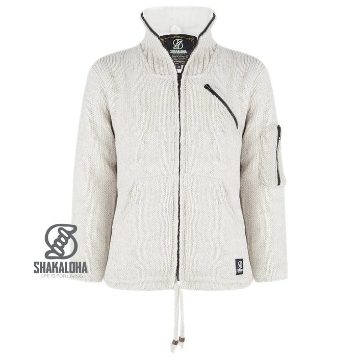 Shakaloha Chaleco de punto de lana Shakaloha, cuello alto, beige crema, forro polar - Hombre/Unisex - Hecho a mano en Nepal con lana de oveja