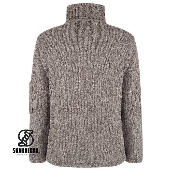 Shakaloha Shakaloha Knitted Woolen Jacket Crush Collar Light Brown Taupe with Fleece Lining and High Collar - Men - Unisex - Handmade in Nepal from sheep's wool