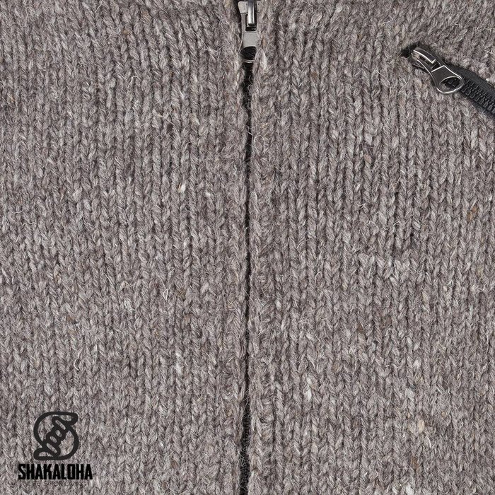 Shakaloha Shakaloha Knitted Woolen Jacket Crush Collar Light Brown Taupe with Fleece Lining and High Collar - Men - Unisex - Handmade in Nepal from sheep's wool