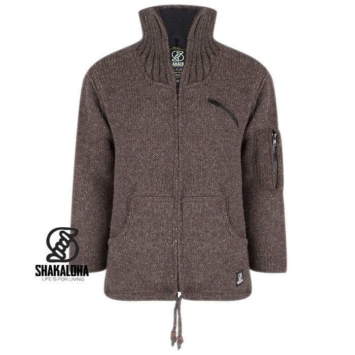 Shakaloha Chaleco de punto de lana Shakaloha, cuello alto, marrón oscuro, forro polar - Hombre/Unisex - Hecho a mano en Nepal con lana de oveja