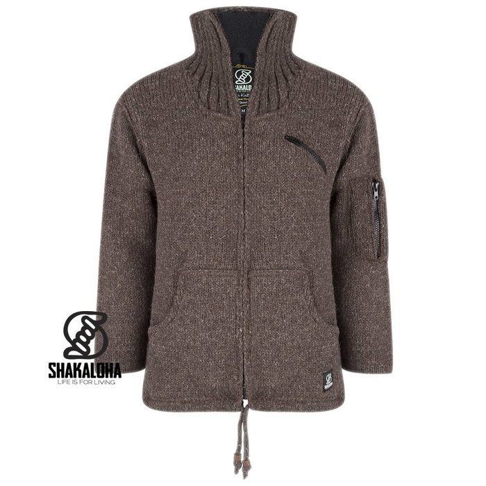 Shakaloha Shakaloha Knitted Woolen Jacket Crush Collar Dark brown with Fleece Lining and High Collar - Men - Unisex - Handmade in Nepal from sheep's wool