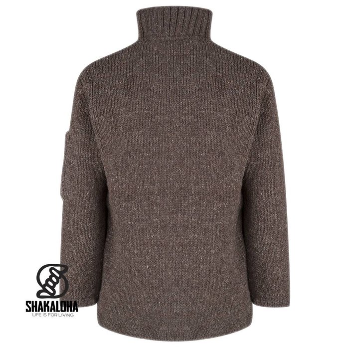 Shakaloha Chaleco de punto de lana Shakaloha, cuello alto, marrón oscuro, forro polar - Hombre/Unisex - Hecho a mano en Nepal con lana de oveja
