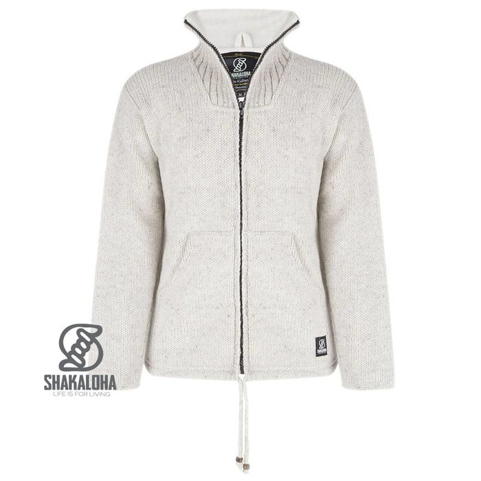 Shakaloha Shakaloha Knitted Woolen Jacket Flash Collar Beige Cream with Fleece Lining and High Collar - Men - Unisex - Handmade in Nepal from sheep's wool
