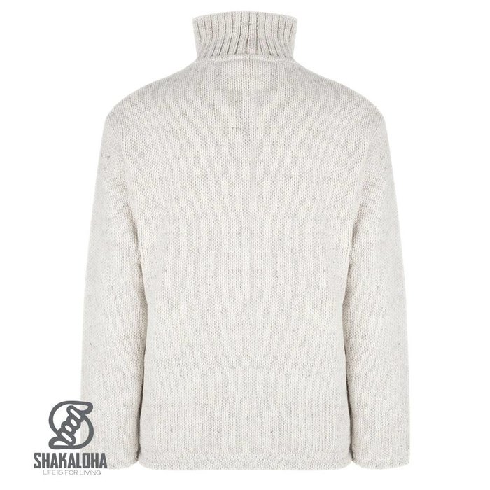 Shakaloha Chaleco de punto de lana Shakaloha, color beige crema, con cuello alto y forro polar - Hombre/Unisex - Hecho a mano en Nepal con lana de oveja