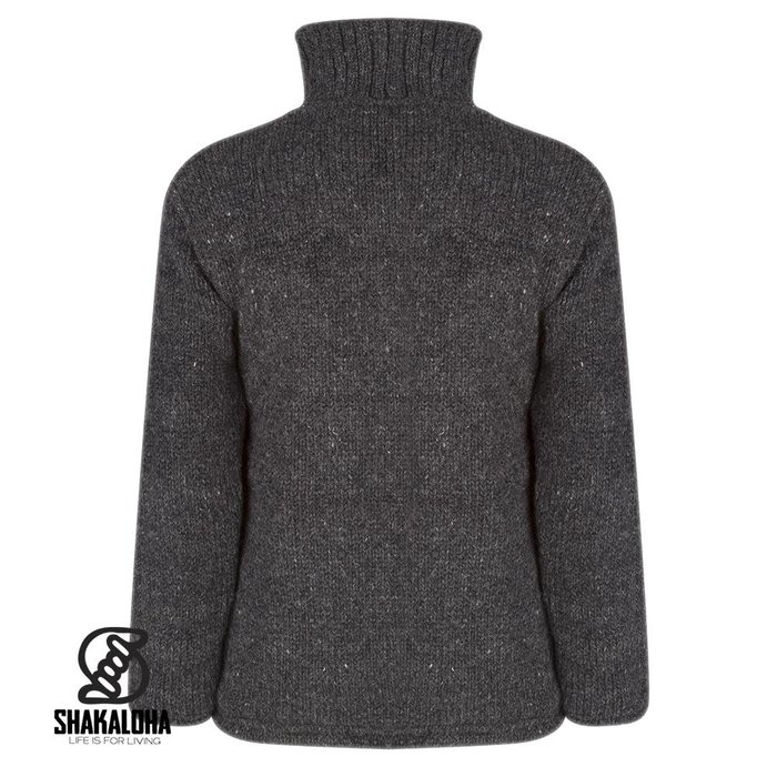 Shakaloha Shakaloha Knitted Woolen Jacket Flash Collar Anthracite with Fleece Lining and High Collar - Men - Unisex - Handmade in Nepal from sheep's wool