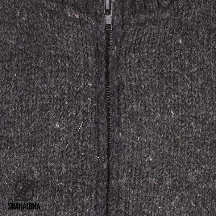 Shakaloha Shakaloha Knitted Woolen Jacket Flash Collar Anthracite with Fleece Lining and High Collar - Men - Unisex - Handmade in Nepal from sheep's wool