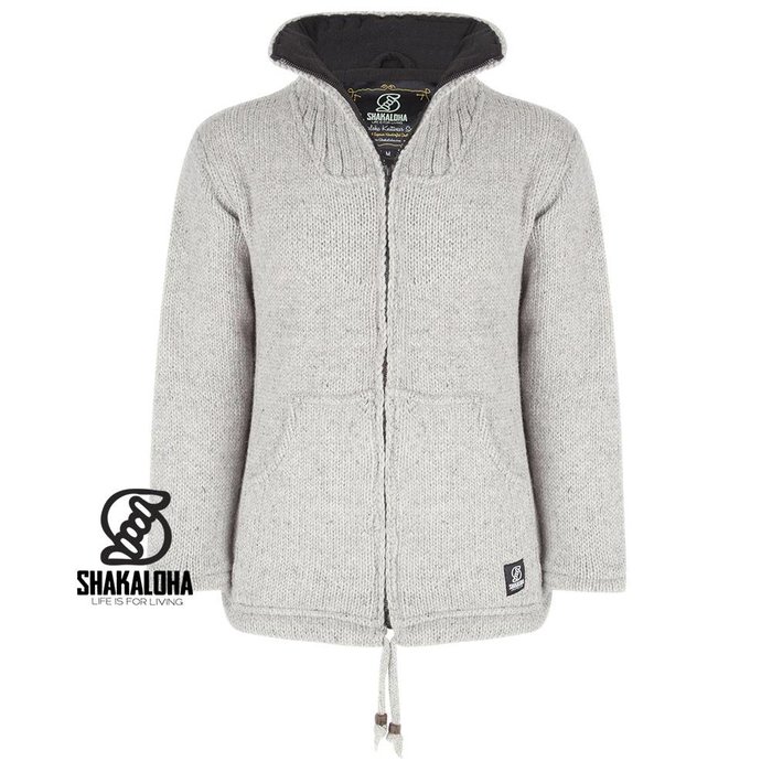 Shakaloha Chaleco de punto de lana Shakaloha, gris, con cuello alto y forro polar - Hombre/Unisex - Hecho a mano en Nepal con lana de oveja
