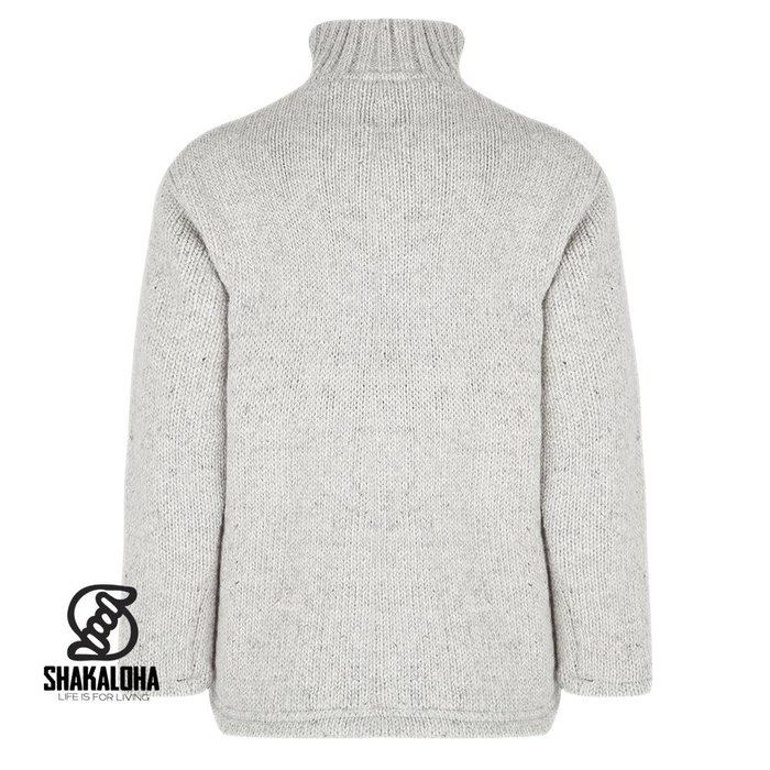 Shakaloha Shakaloha Knitted Woolen Jacket Flash Collar Gray with Fleece Lining and High Collar - Men - Unisex - Handmade in Nepal from sheep's wool