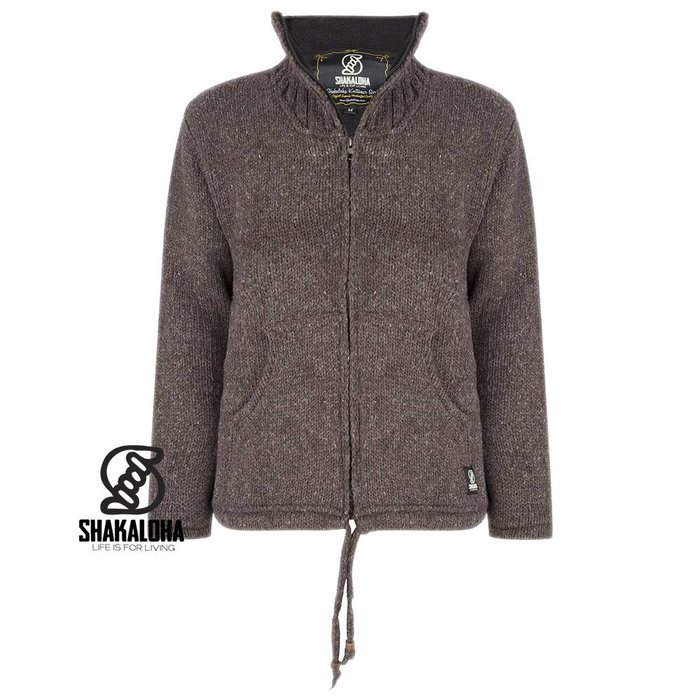 Shakaloha Shakaloha Veste en Laine Tricoté Flash Collar Marron foncé avec Doublure en polaire et Col haut - Hommes - Uni - Fabriqué à la main au Népal en laine de mouton