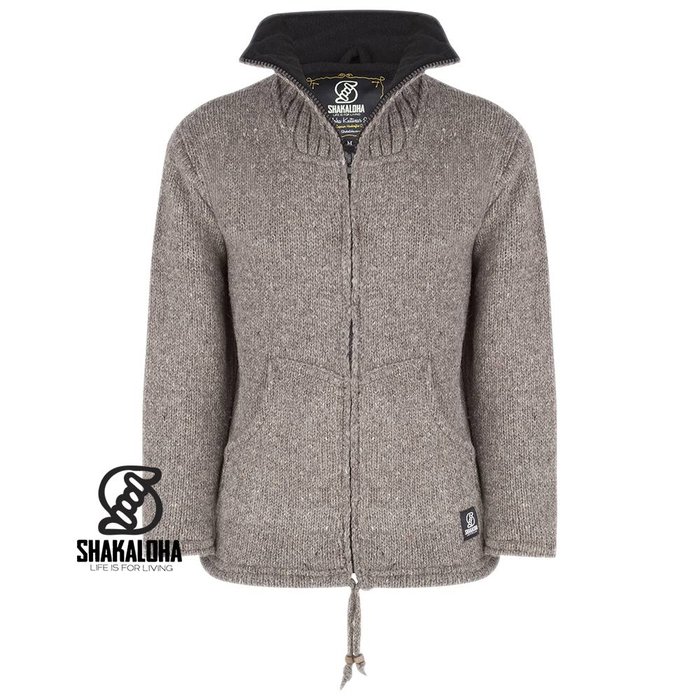 Shakaloha Shakaloha Knitted Woolen Jacket Flash Collar Light Brown Taupe with Fleece Lining and High Collar - Men - Unisex - Handmade in Nepal from sheep's wool