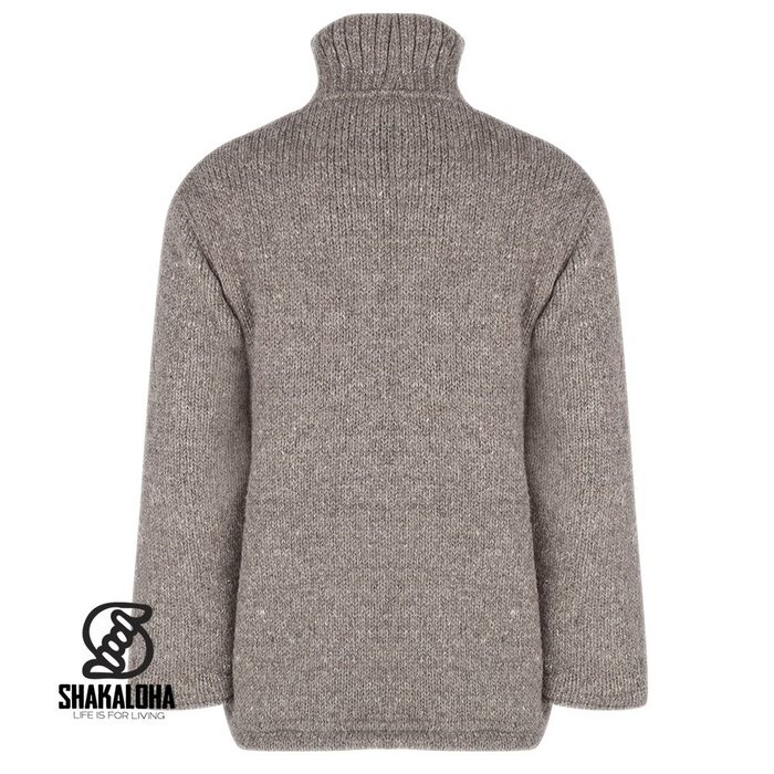 Shakaloha Shakaloha Knitted Woolen Jacket Flash Collar Light Brown Taupe with Fleece Lining and High Collar - Men - Unisex - Handmade in Nepal from sheep's wool