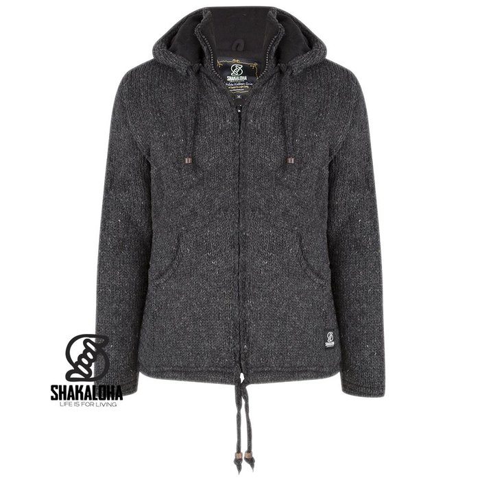 Shakaloha Shakaloha Knitted Wool Cardigan Flash Ziphood Anthracite with Fleece Lining and Detachable Hood - Man/Uni - Handmade in Nepal from Sheep Wool