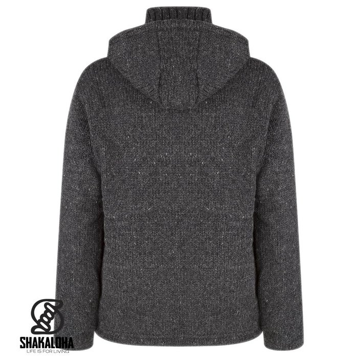 Shakaloha Shakaloha Knitted Wool Cardigan Flash Ziphood Anthracite with Fleece Lining and Detachable Hood - Man/Uni - Handmade in Nepal from Sheep Wool