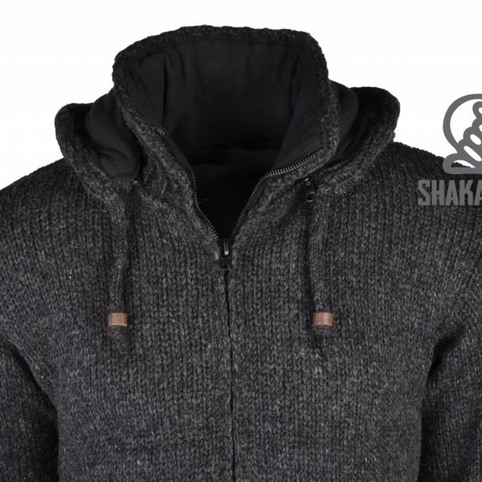 Shakaloha Cardigan en laine tricoté Shakaloha Flash Ziphood Anthracite avec doublure en polaire et capuche amovible - Homme/Uni - Fabriqué à la main au Népal à partir de laine de mouton