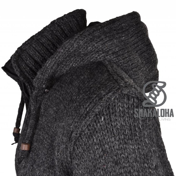 Shakaloha Shakaloha Knitted Wool Cardigan Flash Ziphood Anthracite with Fleece Lining and Detachable Hood - Man/Uni - Handmade in Nepal from Sheep Wool