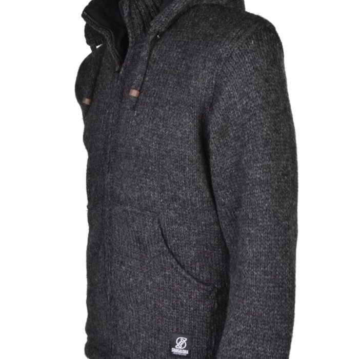 Shakaloha Chaleco de punto de lana Shakaloha Flash Ziphood antracita con forro polar y capucha desmontable - Hombre/Unisex - Hecho a mano en Nepal con lana de oveja