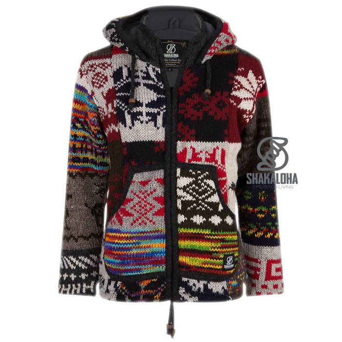 Shakaloha Chaleco de punto de lana Shakaloha con parche NH multicolor brillante con forro polar y capucha con cuello interior - Mujer - Hecho a mano en Nepal con lana de oveja