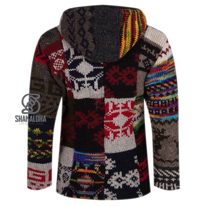 Shakaloha Shakaloha Veste en Laine Tricoté Patch NH Multicolore brillant avec Doublure en polaire et Capuche avec col intérieur - Femmes - Fabriqué à la main au Népal en laine de mouton