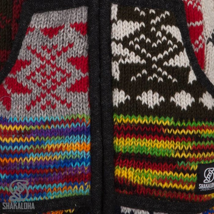 Shakaloha Chaleco de punto de lana Shakaloha con parche NH multicolor brillante con forro polar y capucha con cuello interior - Mujer - Hecho a mano en Nepal con lana de oveja