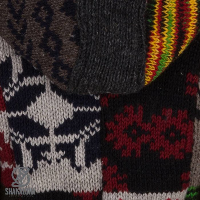 Shakaloha Chaleco de punto de lana Shakaloha con parche NH multicolor brillante con forro polar y capucha con cuello interior - Mujer - Hecho a mano en Nepal con lana de oveja