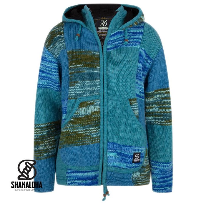 Shakaloha Chaleco de punto de lana Shakaloha con parche NH Aqua, forro polar, capucha y cuello interior - Mujer - Hecho a mano en Nepal con lana de oveja