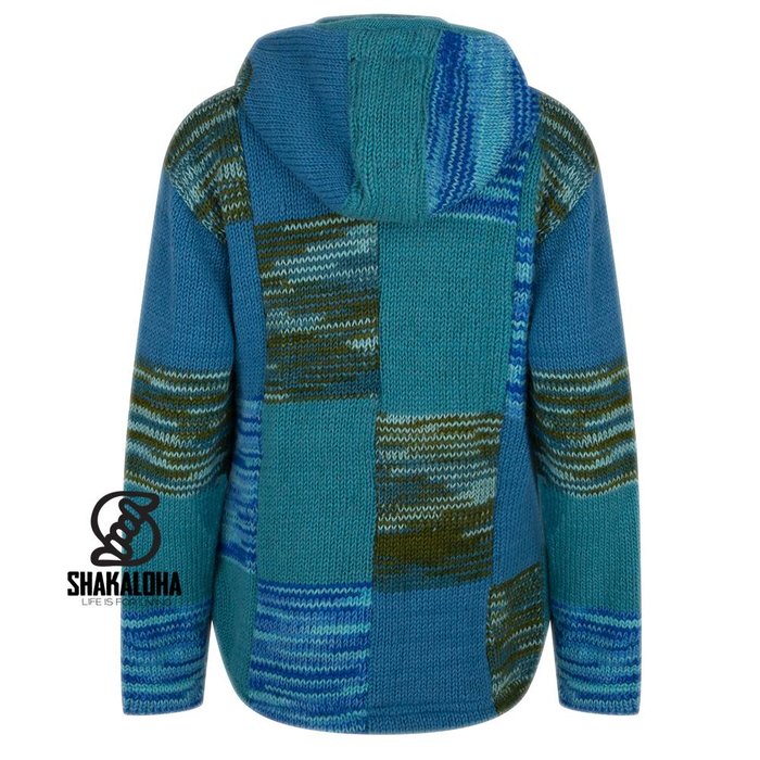 Shakaloha Shakaloha Gebreid Wollen Vest Patch NH Aqua met Fleece Voering en Capuchon met Binnenkraag - Dames - Handgemaakt in Nepal van Schapenwol