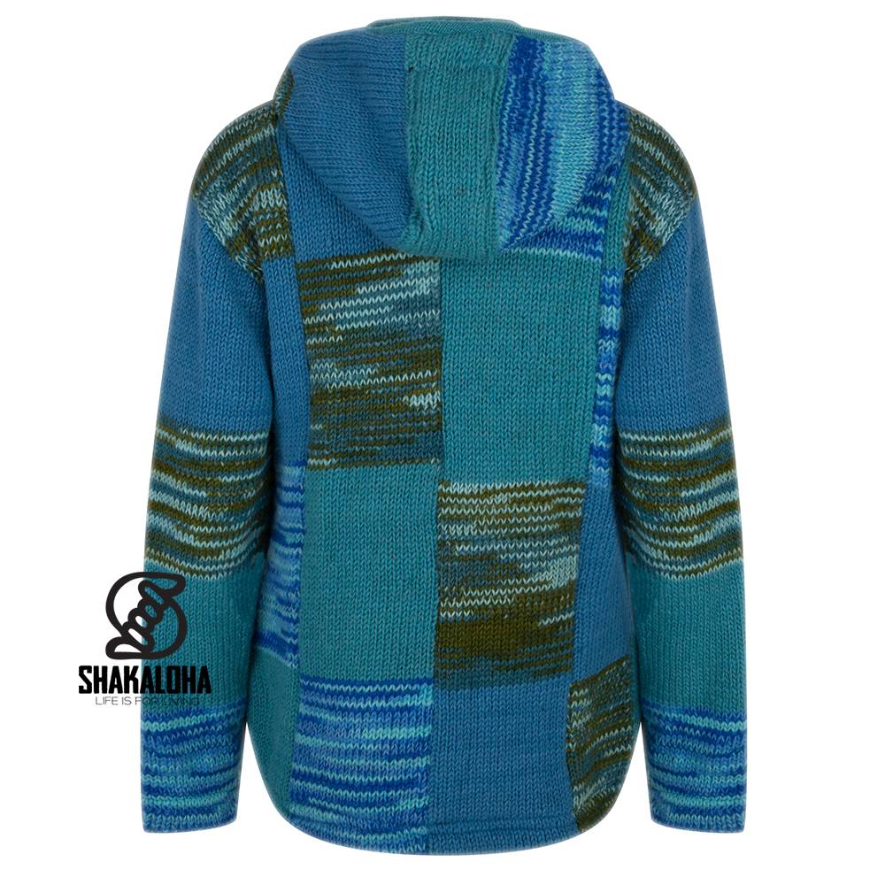 Shakaloha Shakaloha Knitted Woolen Jacket Patch NH Aqua with Fleece Lining and Hood with inner collar - Woman - Handmade in Nepal from sheep's wool