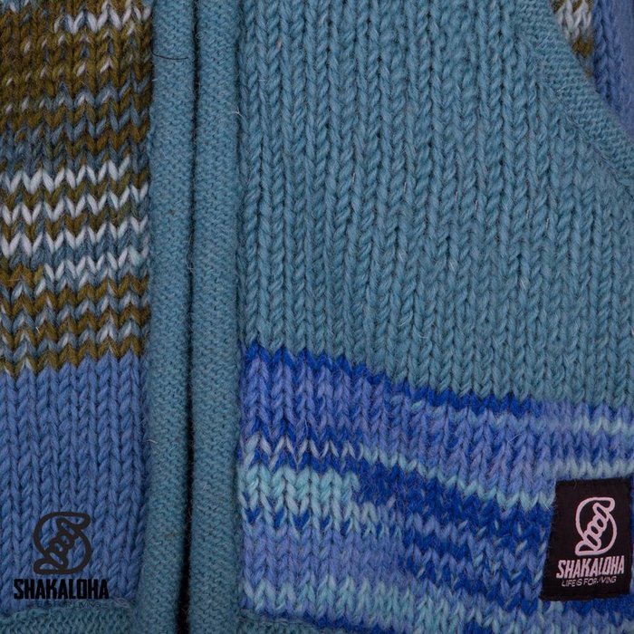 Shakaloha Shakaloha Veste en Laine Tricoté Patch NH Aqua avec Doublure en polaire et Capuche avec col intérieur - Femmes - Fabriqué à la main au Népal en laine de mouton