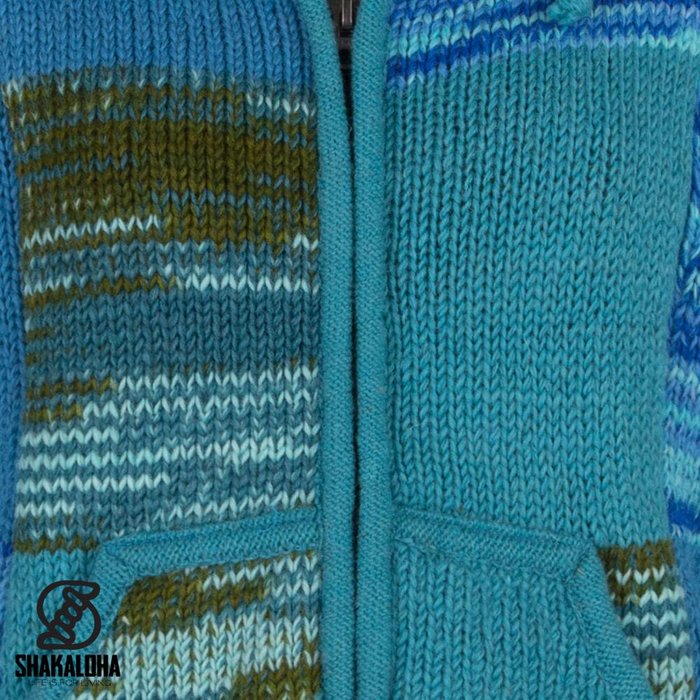 Shakaloha Shakaloha Gebreid Wollen Vest Patch NH Aqua met Fleece Voering en Capuchon met Binnenkraag - Dames - Handgemaakt in Nepal van Schapenwol