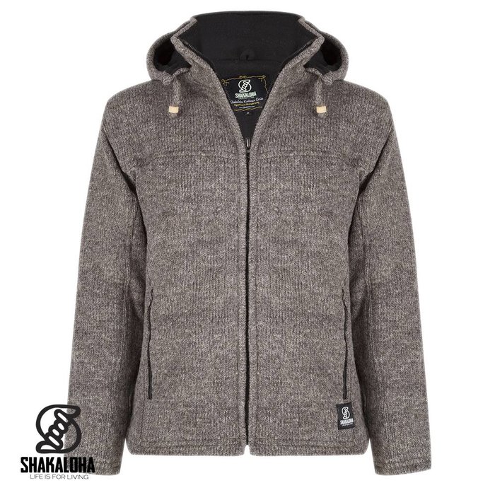 Shakaloha Chaleco de punto de lana Shakaloha Navigator marrón claro topo con forro polar y capucha desmontable - Hombre/Unisex - Hecho a mano en Nepal con lana de oveja